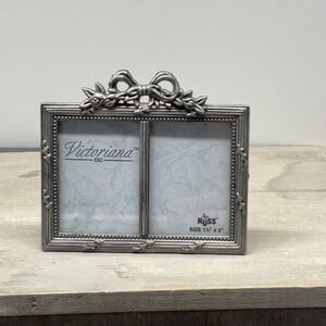 Russ Berrie Victoriana Pewter Tone Double Photo Frame Bow Crest 15873 Mini
